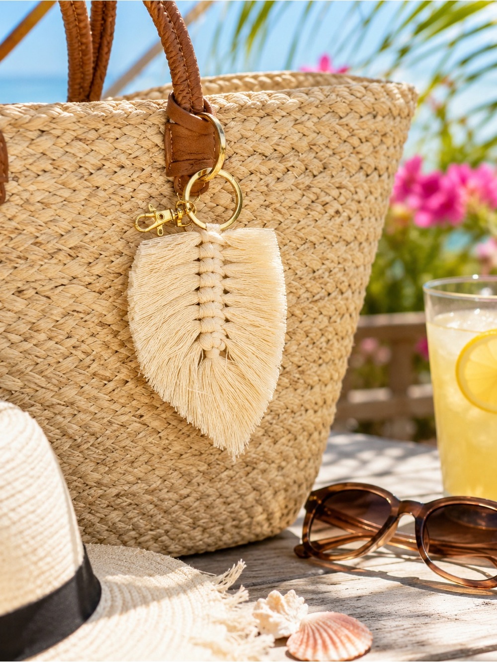 Boho Macrame Leaf Keychain Bag Charm - Cream Ivory